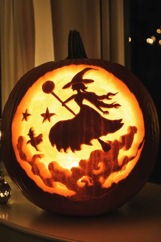 Witch Silhouette Flying Across Moon