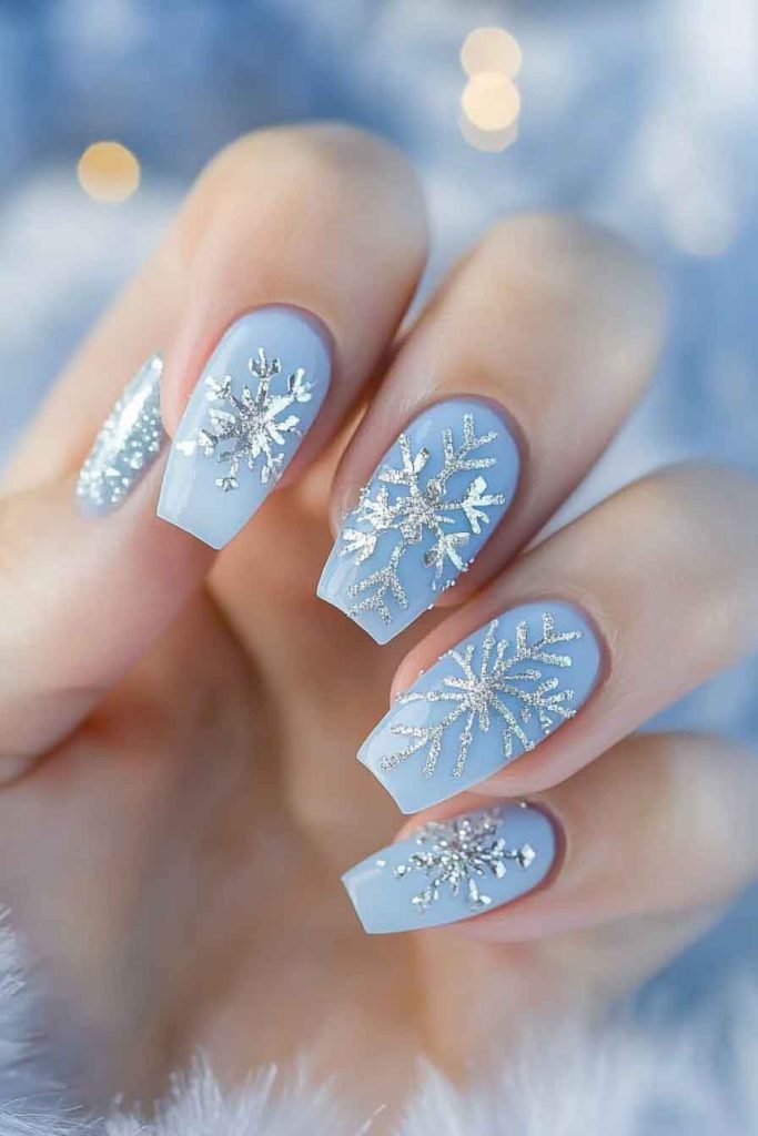 Icy Blue Nails with Silver Snowflakes