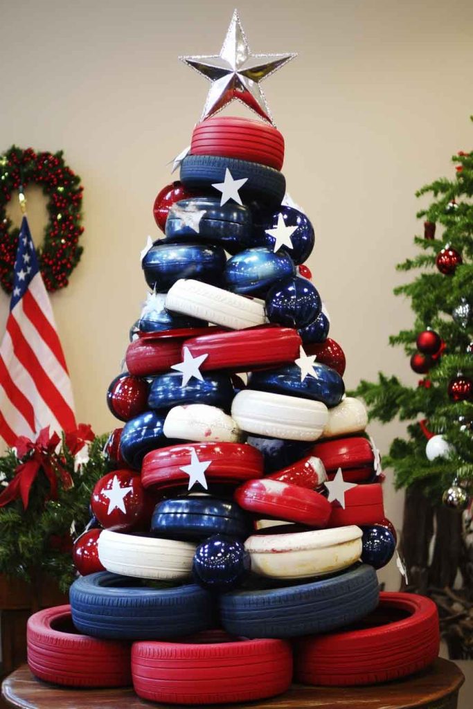 Patriotic Red, White, and Blue Tire Tree