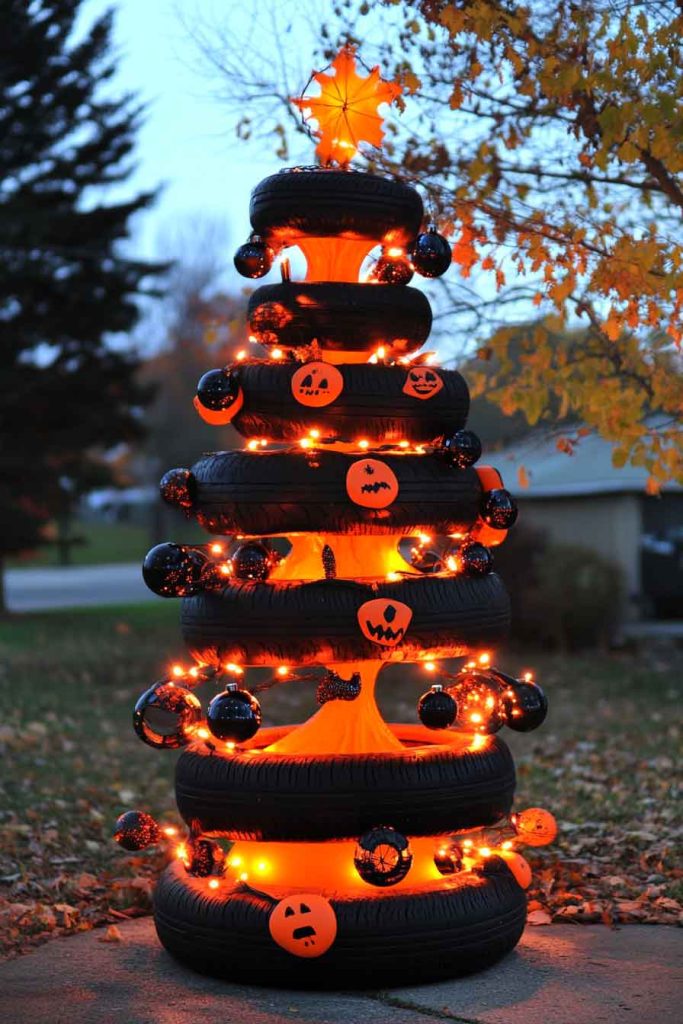 Halloween-to-Christmas Tire Tree