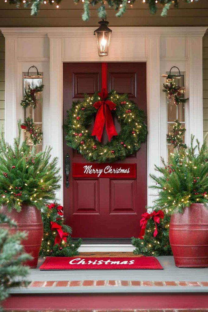Classic Red and Green Porch with Oversized Wreath
