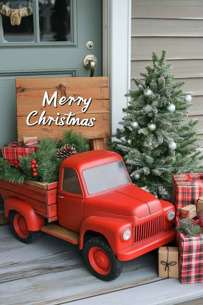 Vintage Red Truck Christmas Scene