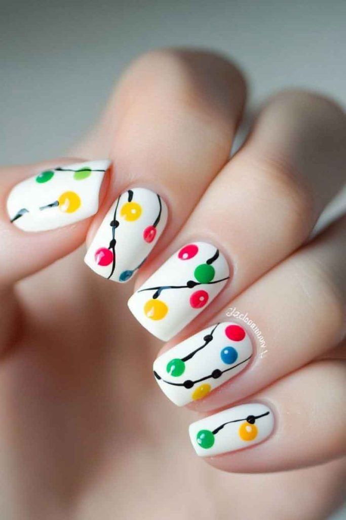 White Nails with Colorful Christmas Lights