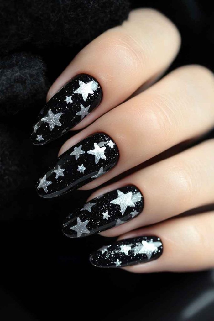 Black Nails with Silver Glitter Stars