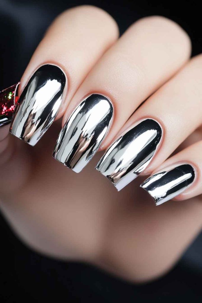 Sparkly Silver Chrome Holiday Nails