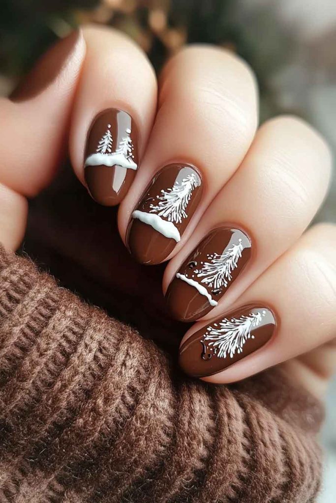 Cozy Brown Nails with White Winter Scenes