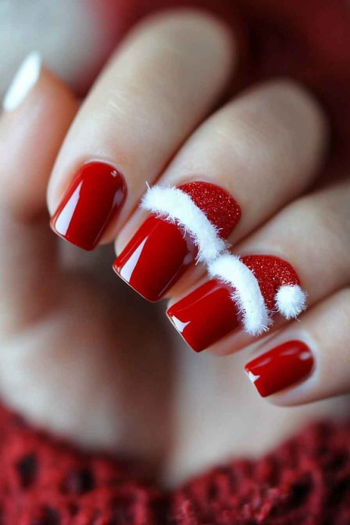 Bold Red Nails with Santa Hat Accent