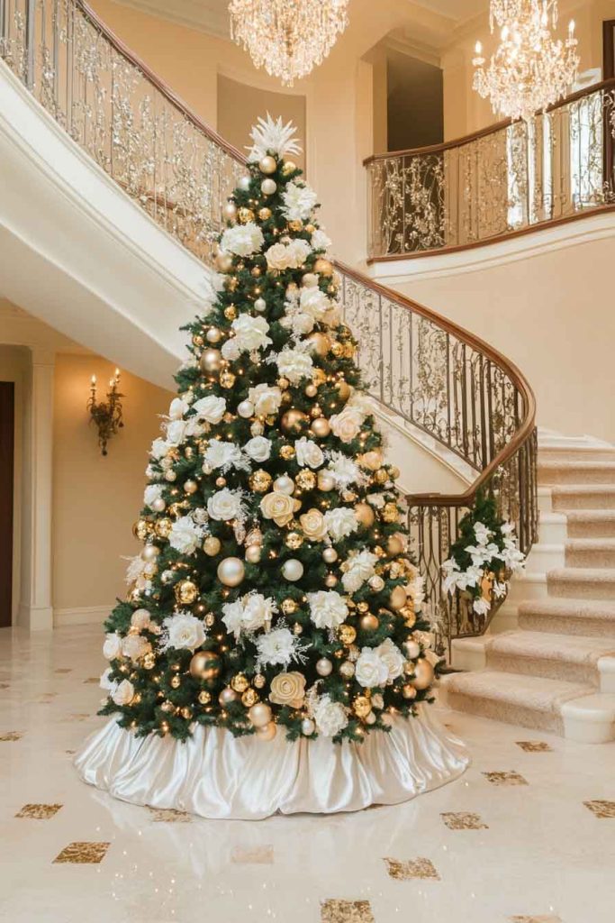 Grand Foyer with Gold and White Christmas Tree