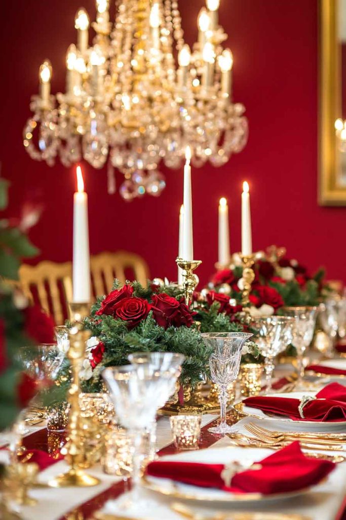 Opulent Dining Room with Red and Gold Theme