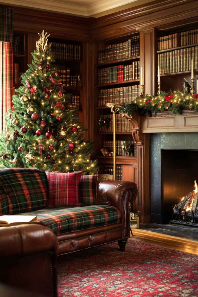 Classic Library with Traditional Christmas Charm