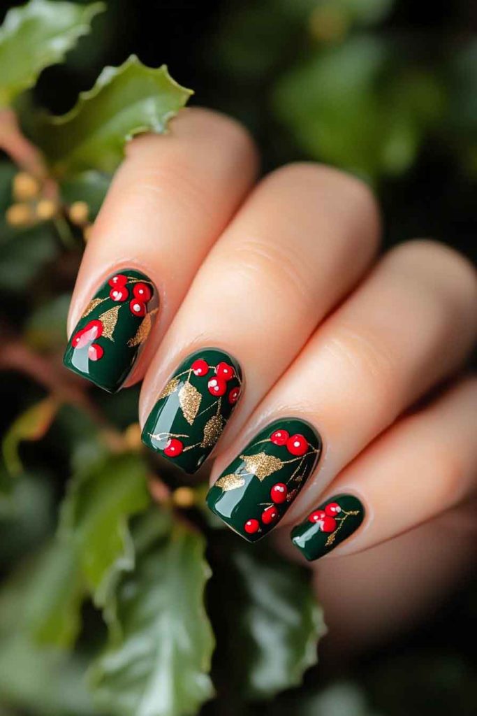 Traditional Green Nails with Red Berries