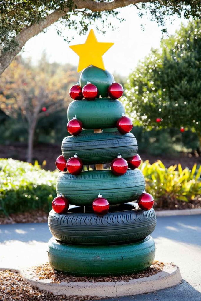 Classic Green Painted Tire Tree with Red Ornaments