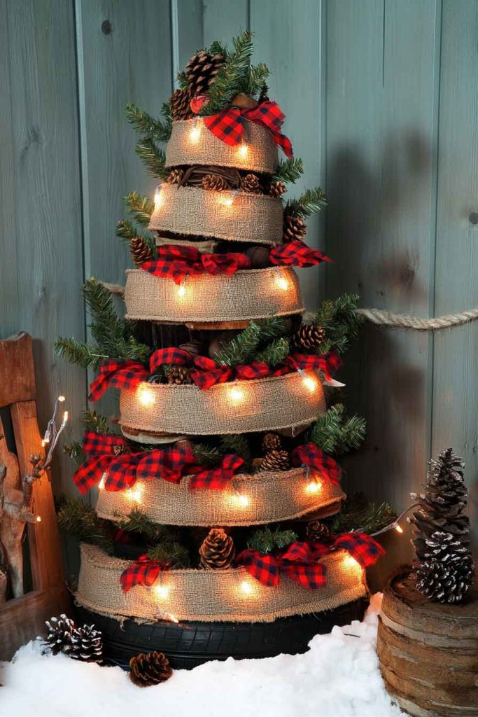 Rustic Natural Tire Tree with Burlap