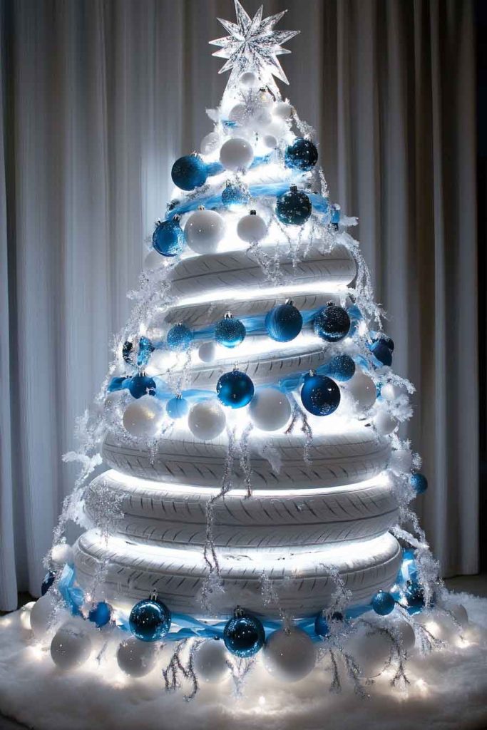 Snowy White Tire Tree with Blue Accents