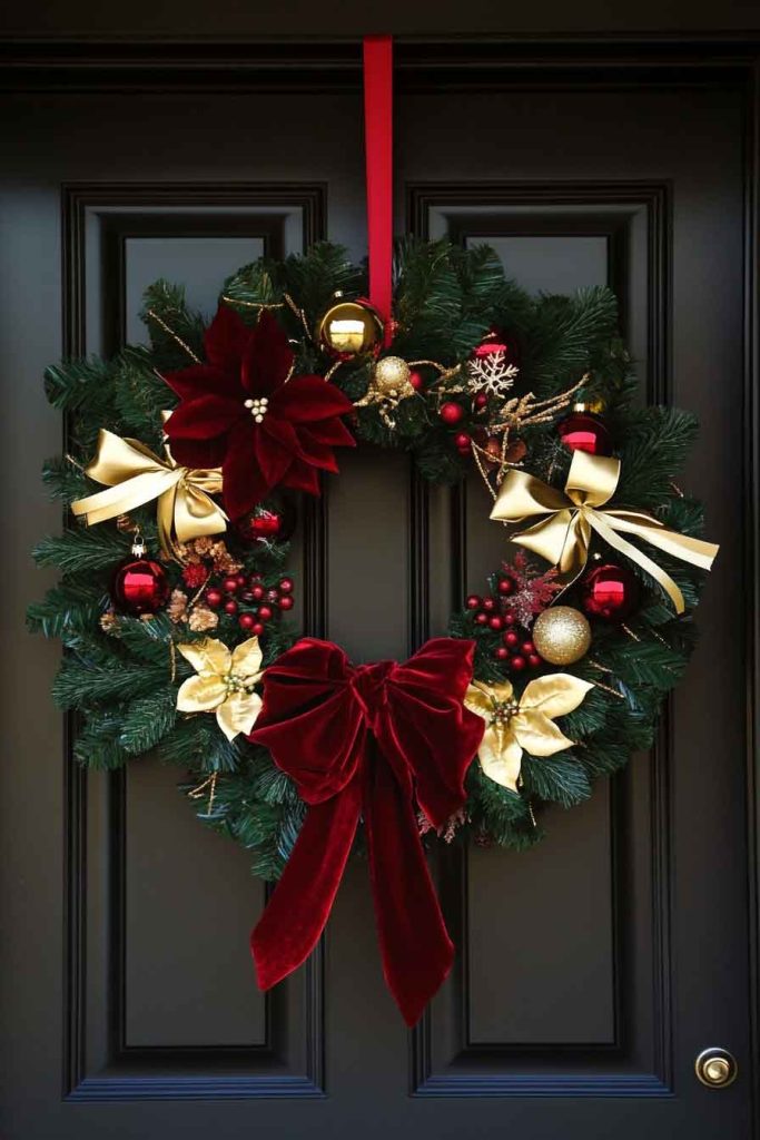 Classic Red Velvet Wreath with Gold Accents
