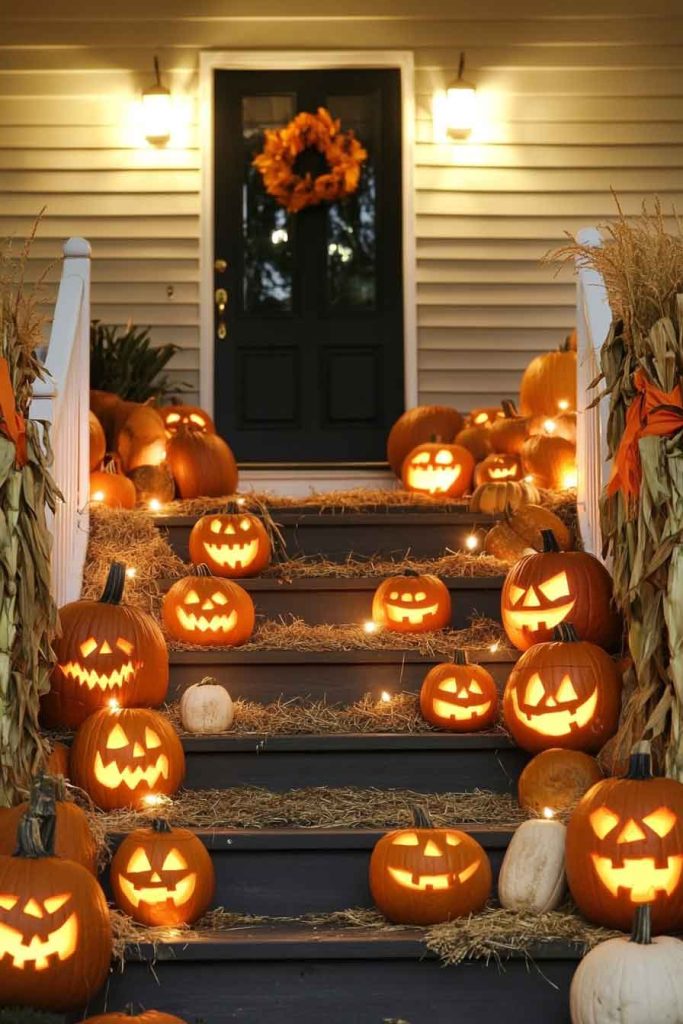 Classic Front Porch with Carved Pumpkin Display