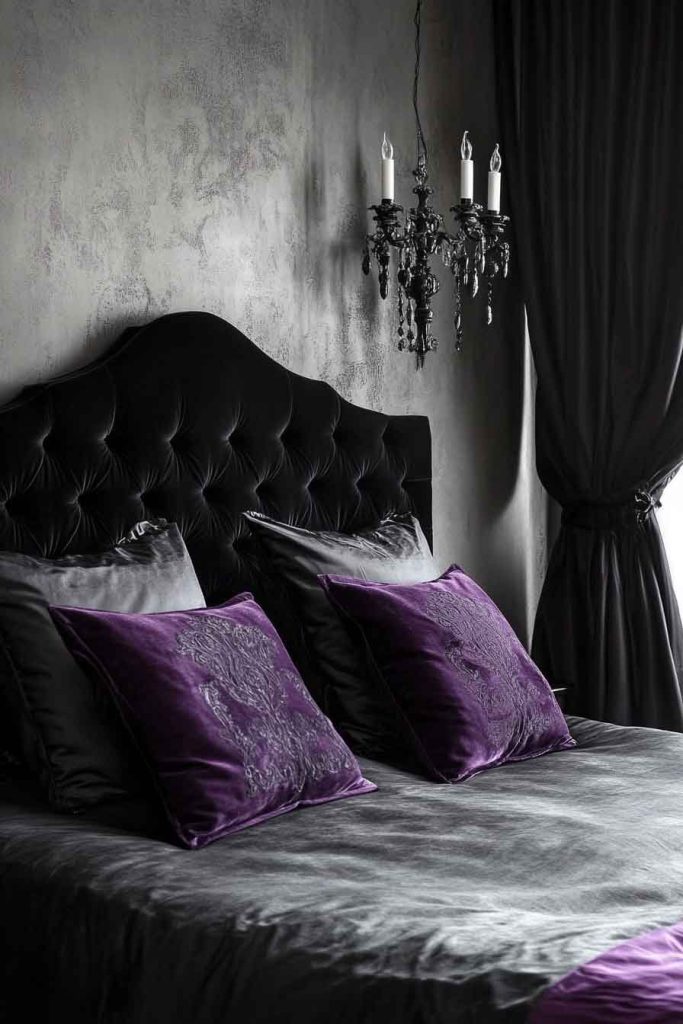 legant Gothic Bedroom with Black Velvet Headboard