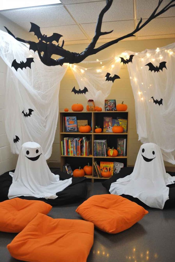 Friendly Ghost Reading Corner with White Sheet Decorations