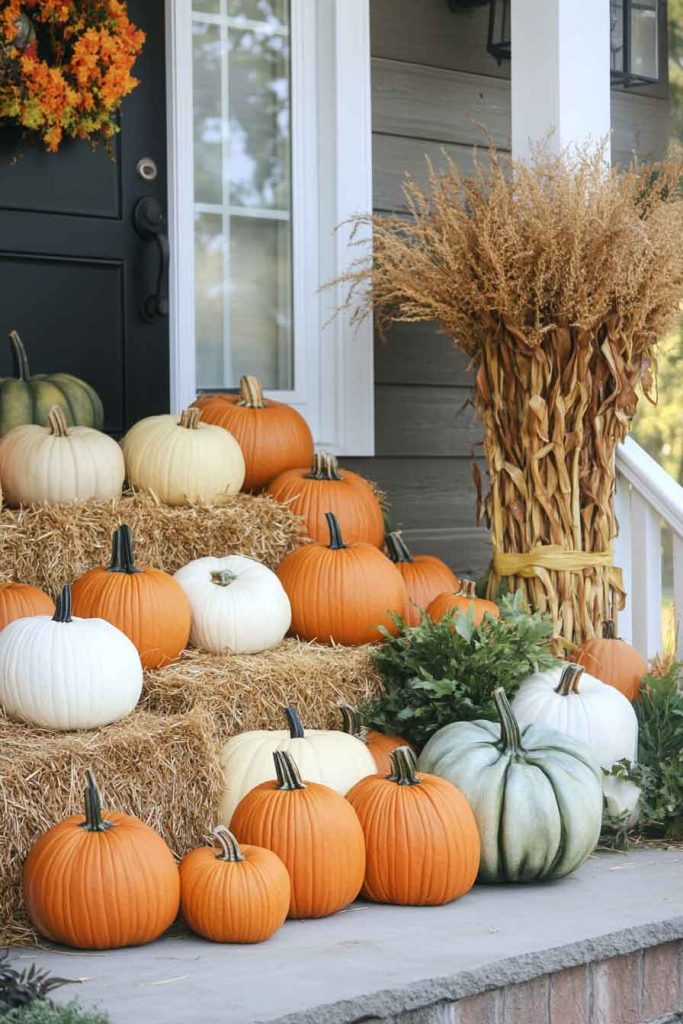 Classic Pumpkin Display with Hay Bales