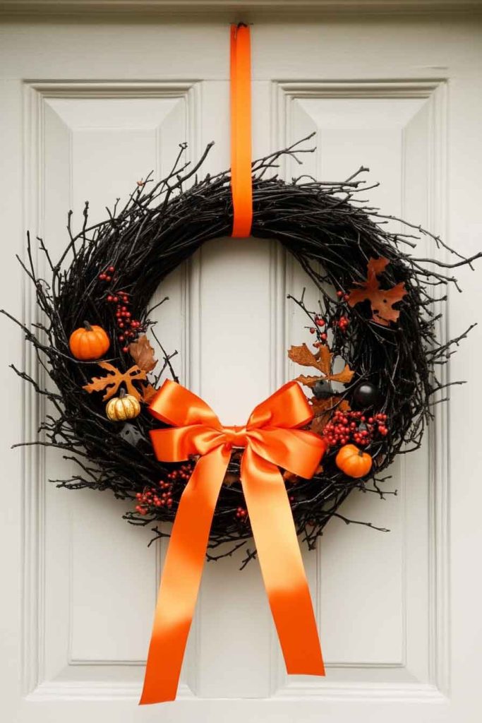 Classic Black Wreath with Orange Ribbon