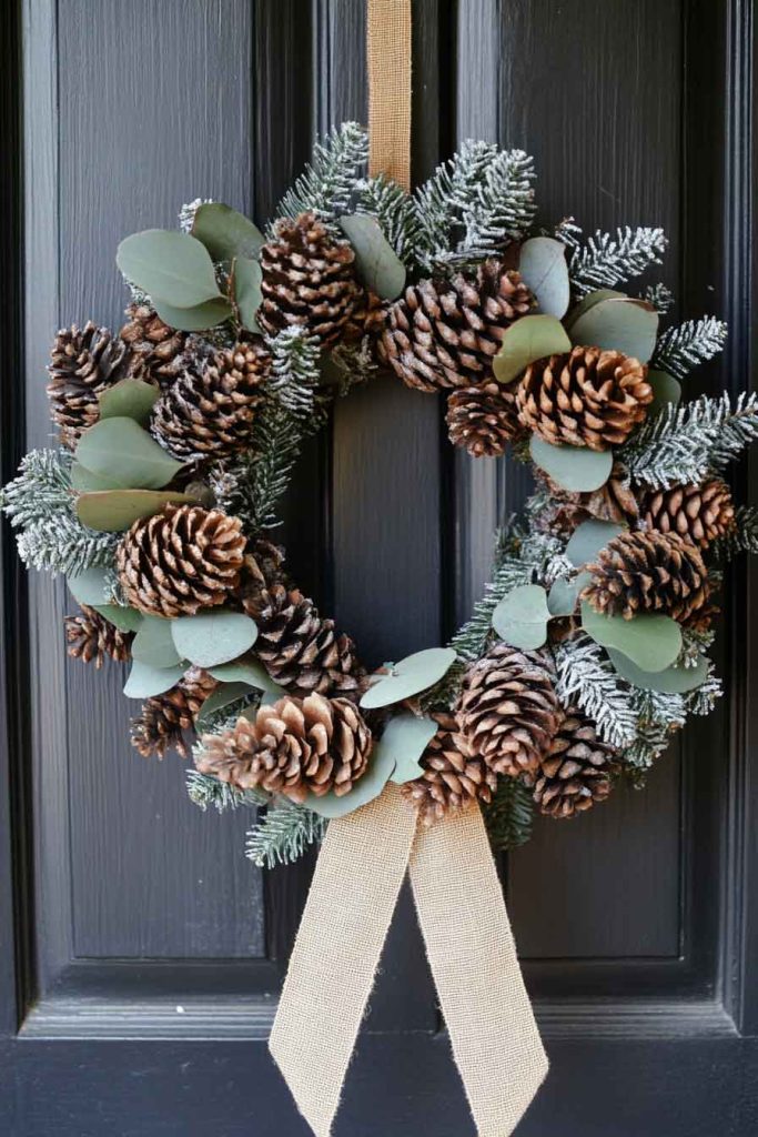 Rustic Pinecone Wreath on Front Door
