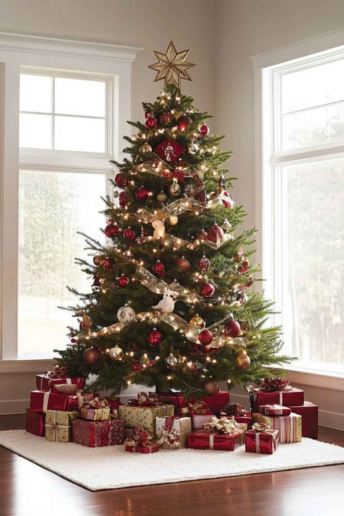 Classic Red and Green Tree with Vintage Ornaments
