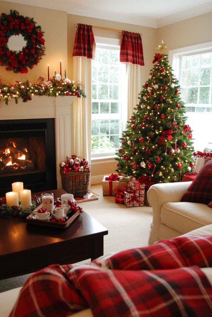 Classic Red and Green Living Room with Traditional Tree