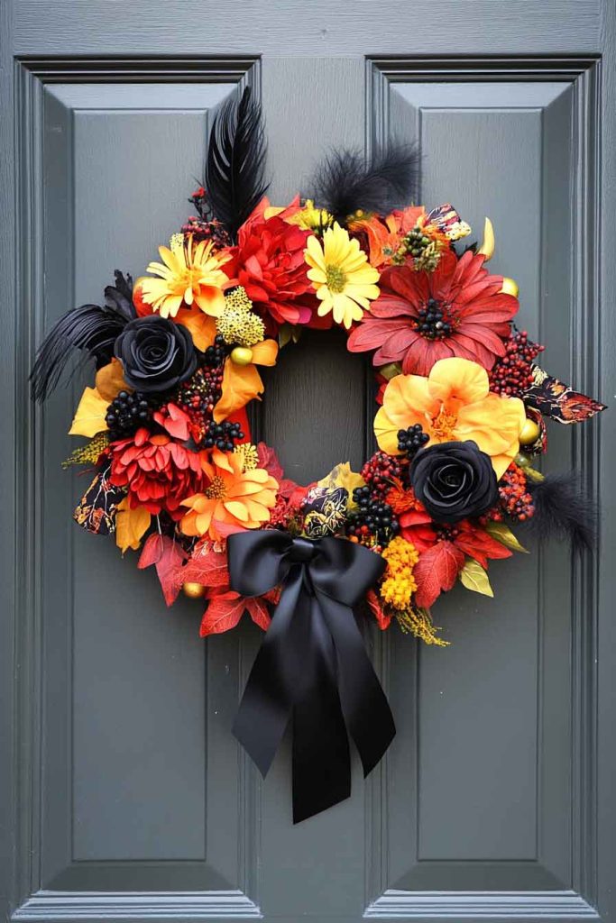 Autumn Floral Wreath with Black Accents