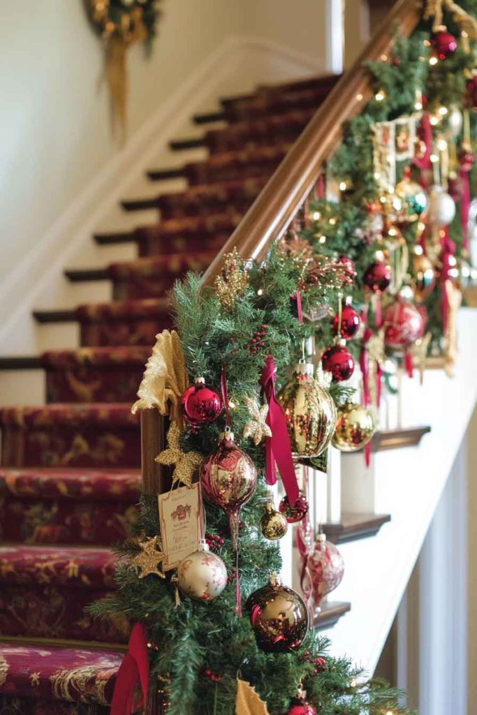 Staircase Garland with Vintage Ornaments