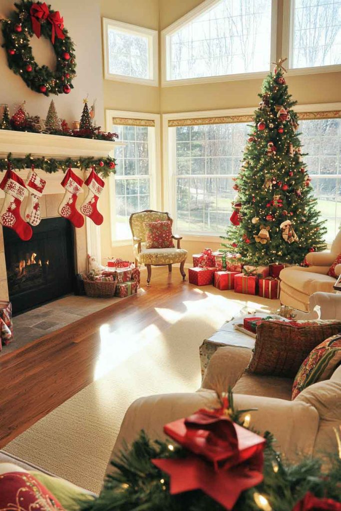 Traditional Family Room with Multiple Christmas Zones