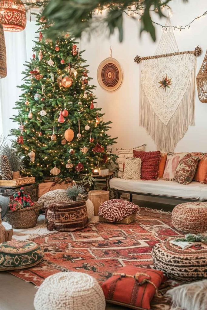 Boho Christmas Living Room with Eclectic Ornaments