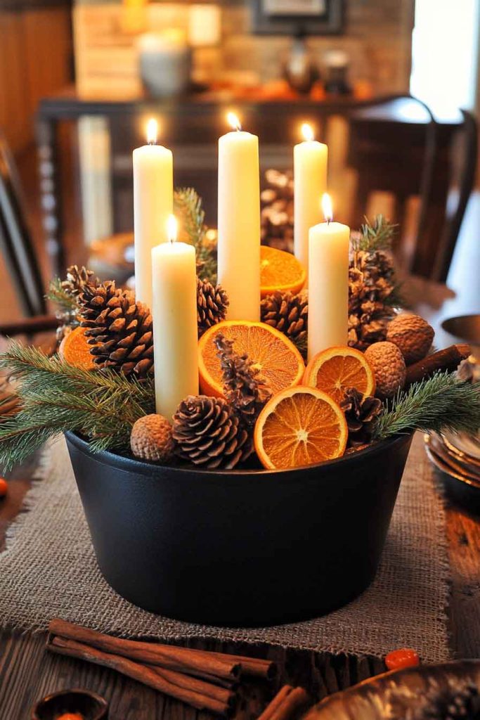  Rustic Centerpiece with Pinecones and Candles
