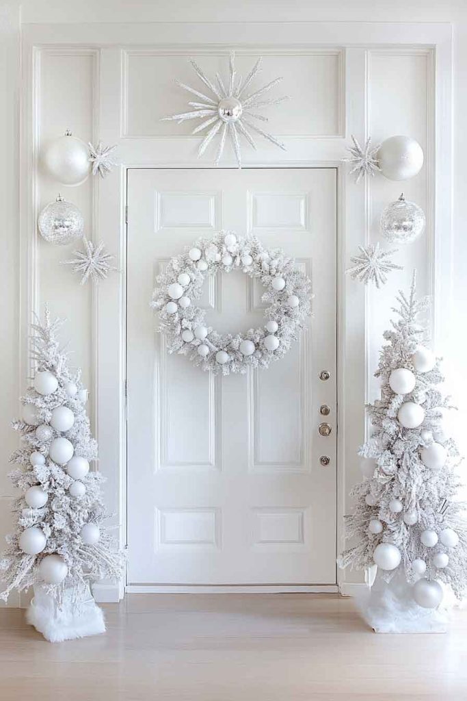 Monochromatic White Christmas Door Display