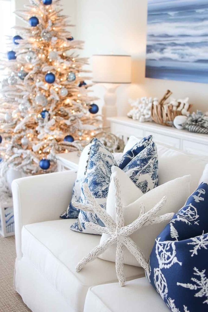  Coastal Christmas Living Room with Blues and Whites