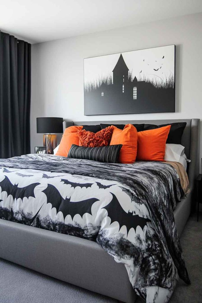 Contemporary Halloween Bedroom with Bold Graphics