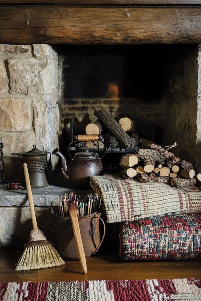 Fireplace Hearth with Vintage Warming Scene