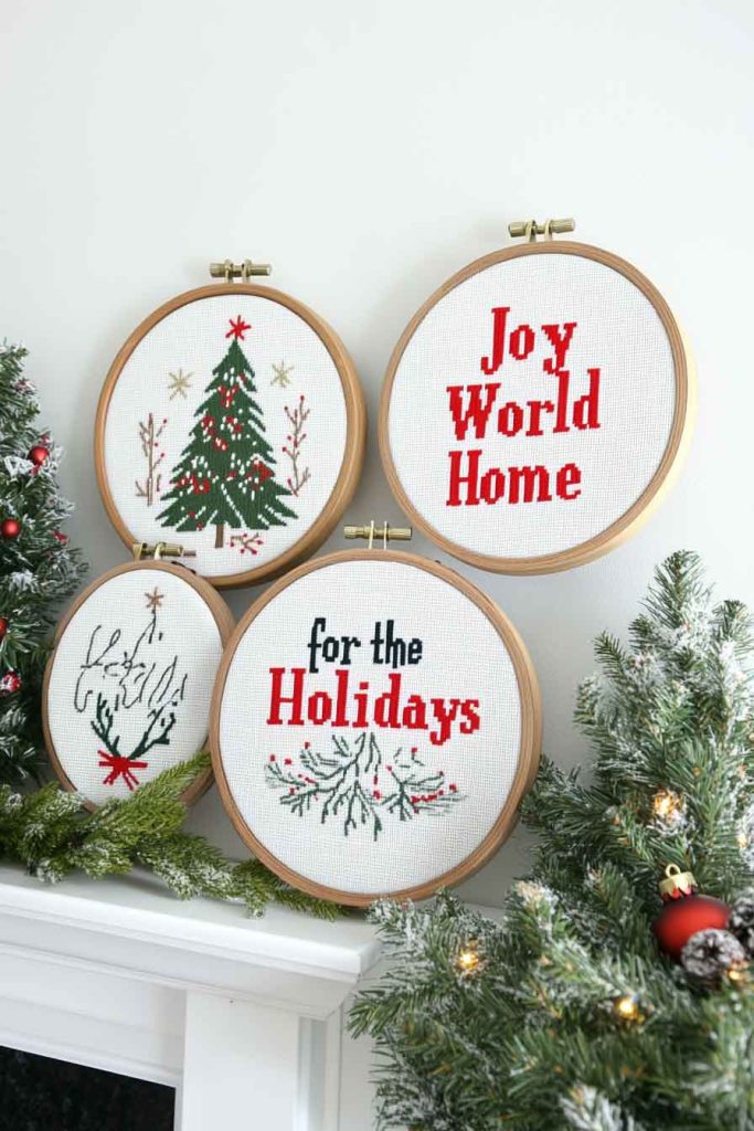 Cross-Stitch Hoop Art with Holiday Messages