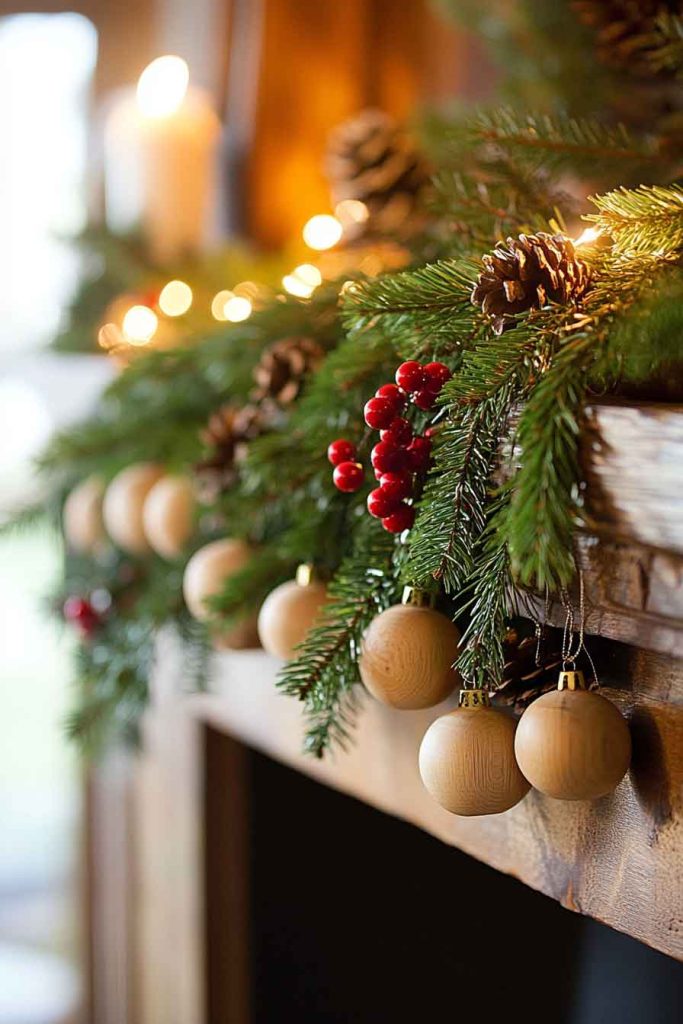 Wooden Bead Garland on Mantel