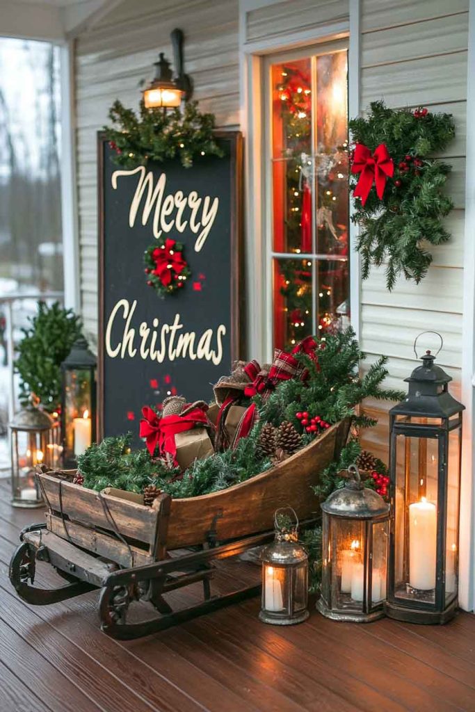 Porch Decorated with Vintage Sleigh and Lanterns