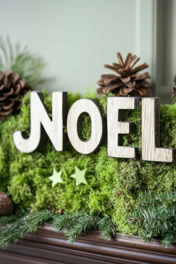 Moss-Covered Letters Spelling Holiday Words