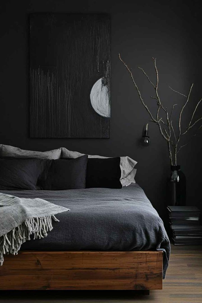 Minimalist Dark Bedroom with Subtle Halloween Touches