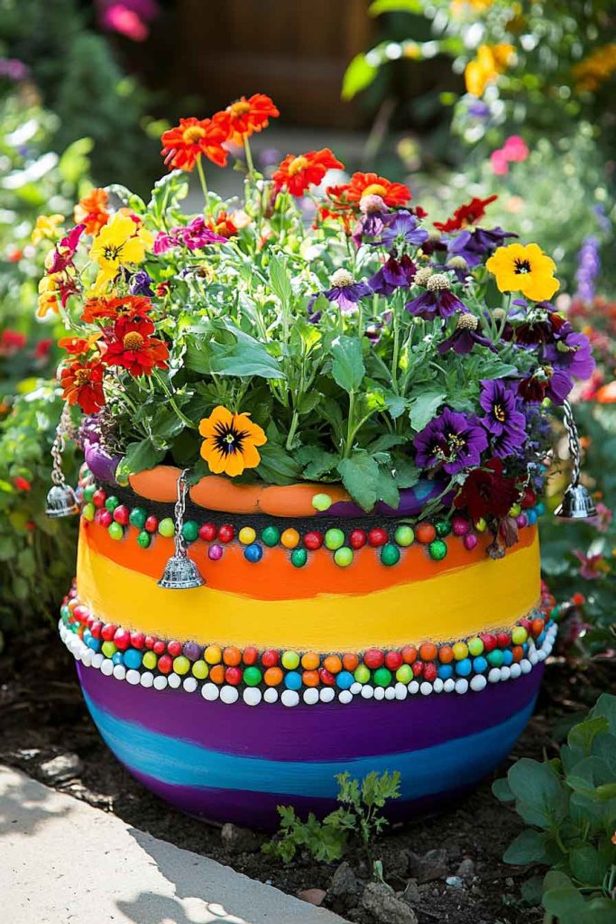 Rainbow-Painted Boho Festival Planter
