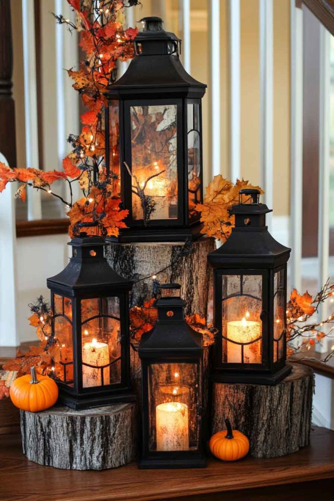 Rustic Lantern Halloween Entry Table