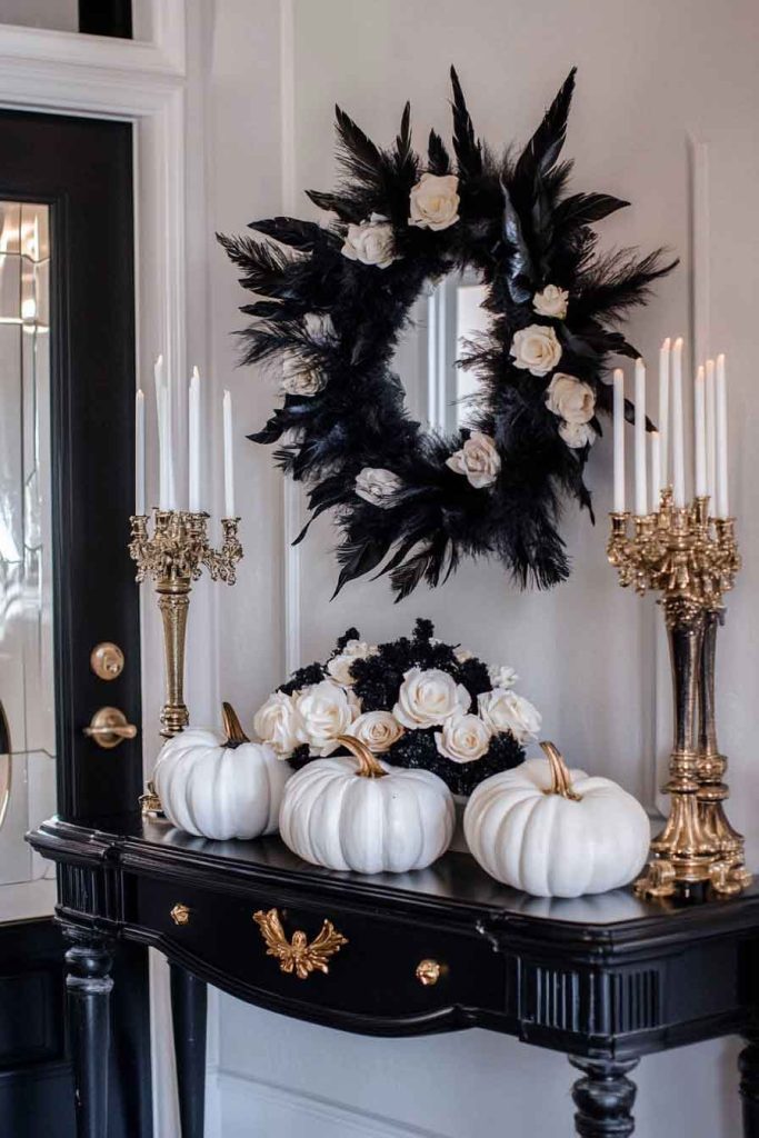 Elegant Black and White Halloween Entryway