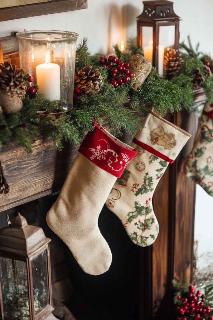 Farmhouse Mantel with Vintage Stockings
