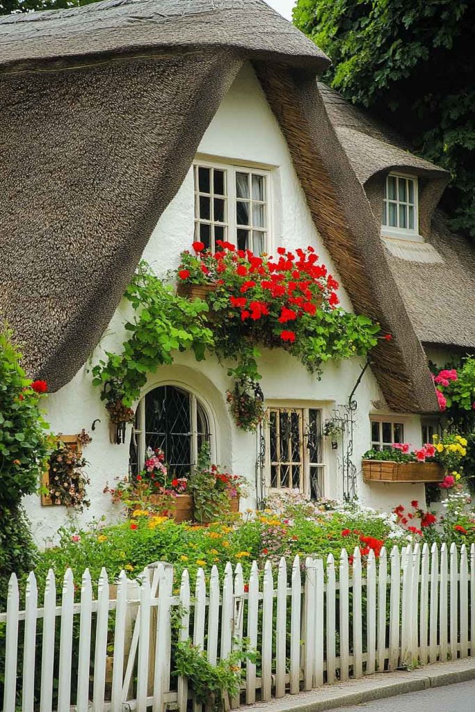 Thatched Roof Cottage with Window Boxes