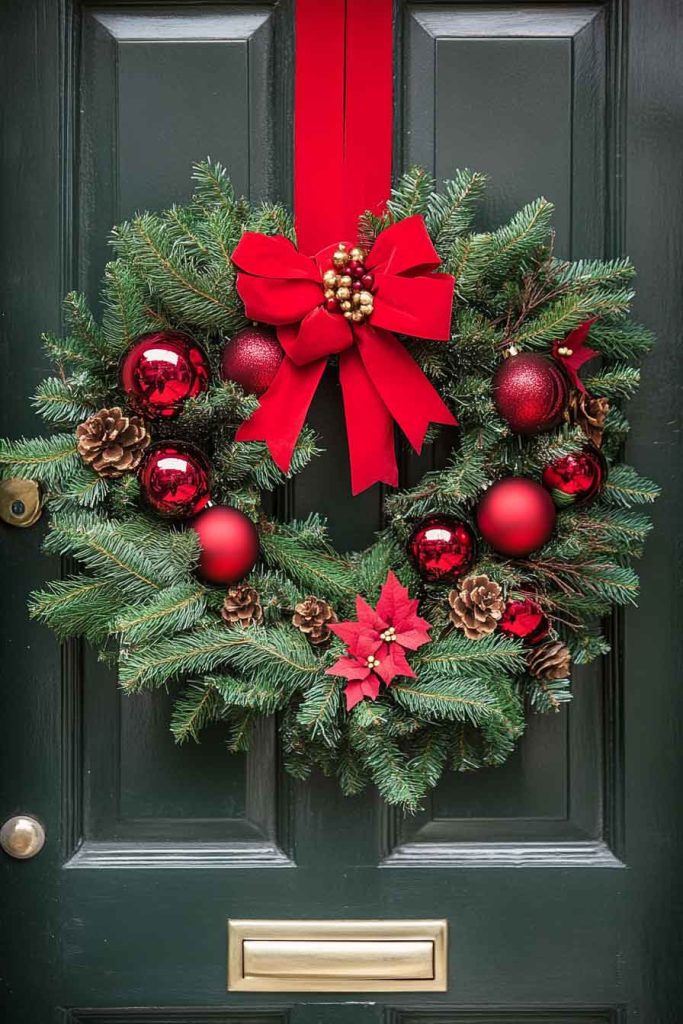 Timeless Green and Red Door Wreath