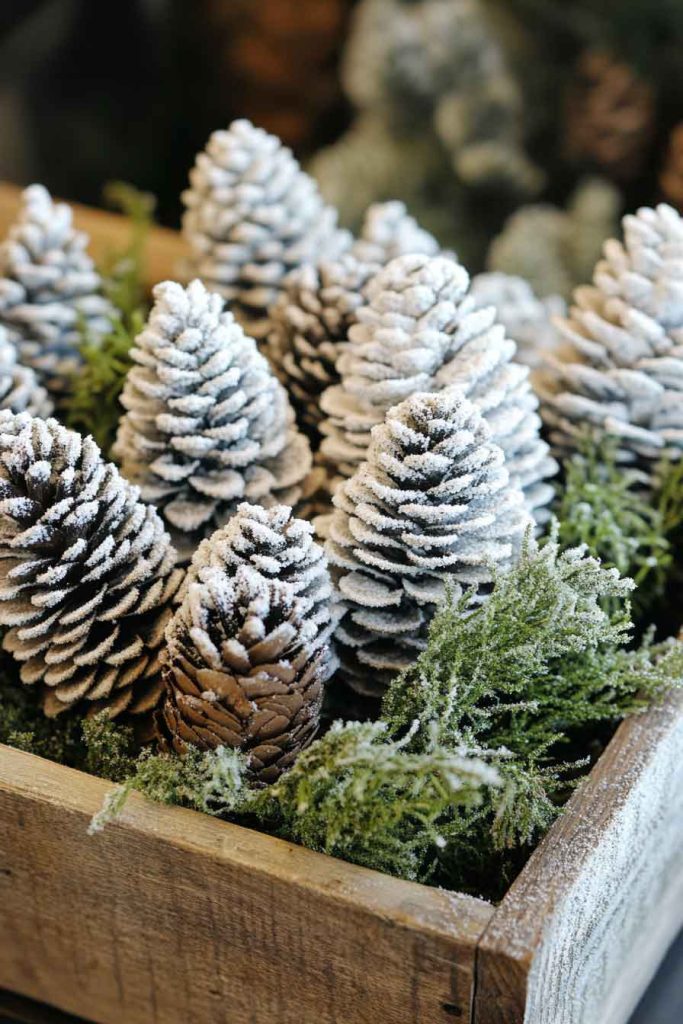 Frosted Pinecone Display in Wooden Box