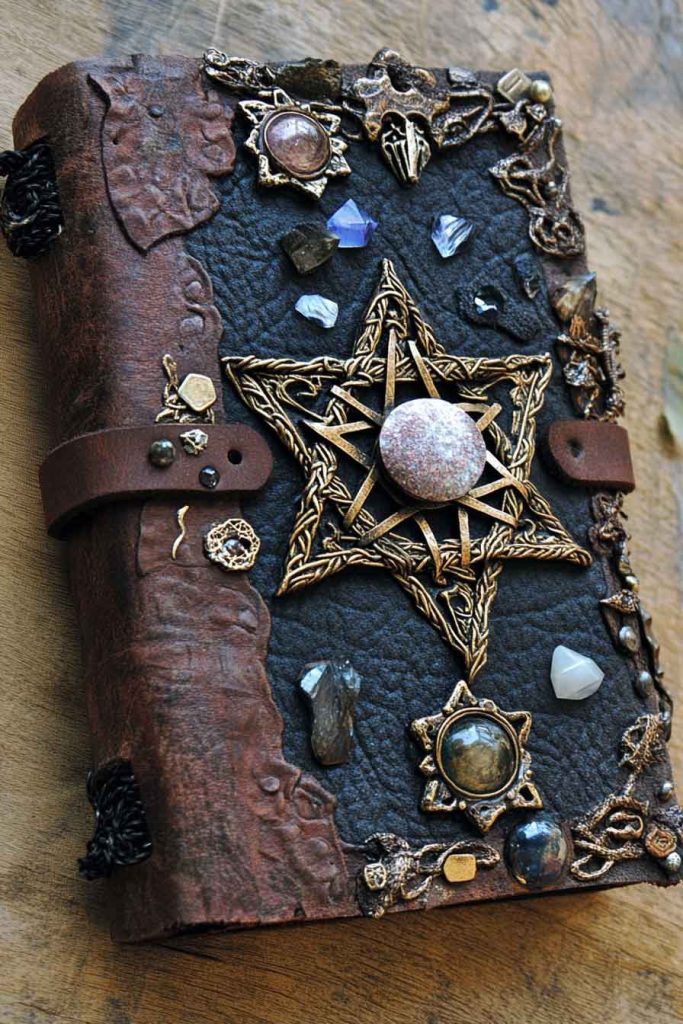 Book of Shadows Cover with Leather and Crystals