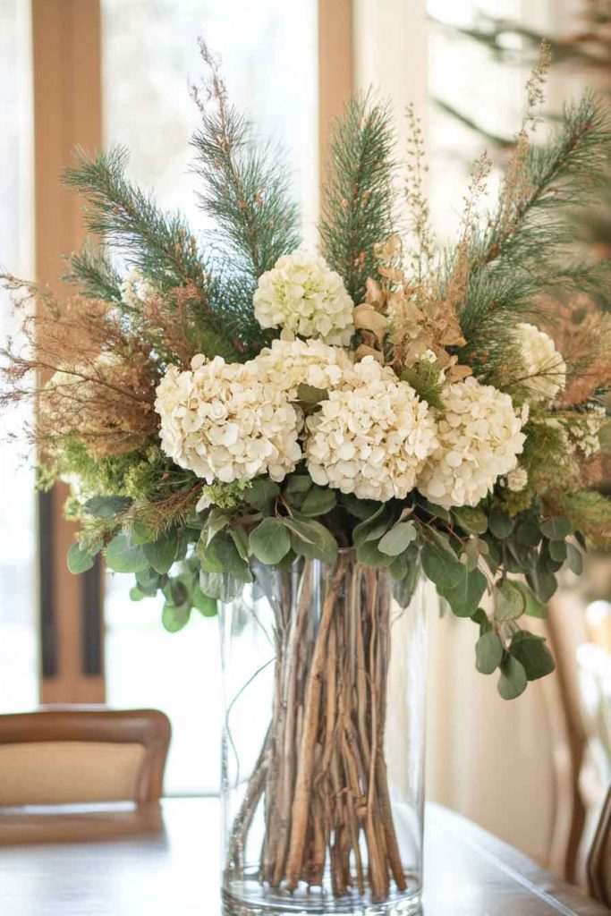 Dried Hydrangea and Evergreen Arrangement